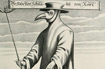Gravure montrant un médecin masqué pendant l’épidéme de peste à Rome, 1656