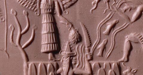 Sceau-cylindre représentant certains Anunnaki, dont le dieu Ea, aux eaux douces jaillissant de ses épaules (British Museum, BM89115).© The Trustees of the British Museum