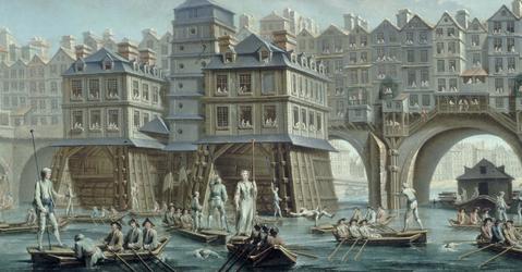 Peinture montrant un pont sur lequel ont été construits des immeubles