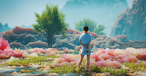 paysage virtuel de montagnes et de végétation aux couleurs acidulées