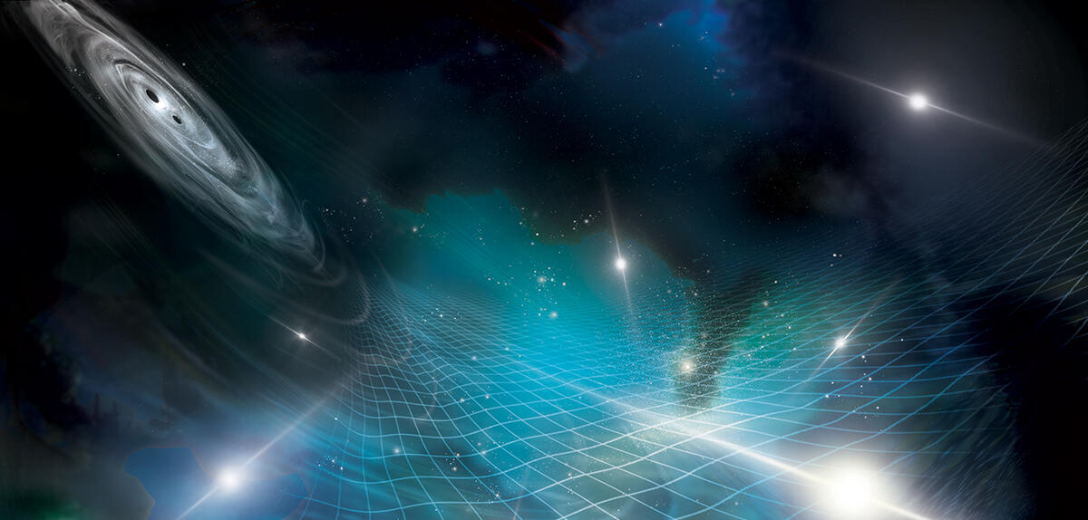 Vue d'artiste des distorsions de l'espace-temps qu'induit le passage d'ondes gravitationnelles générées par un trou noir binaire supermassif. © Aurore Simonnet / NANOGrav