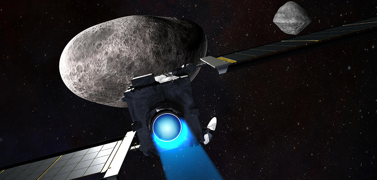 Vue d'artiste de l'impacteur DART s'approchant de l'astéroïde Didymos