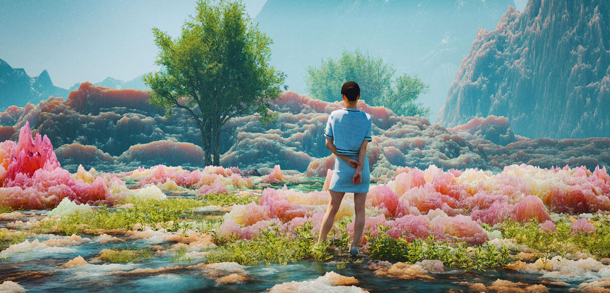 paysage virtuel de montagnes et de végétation aux couleurs acidulées