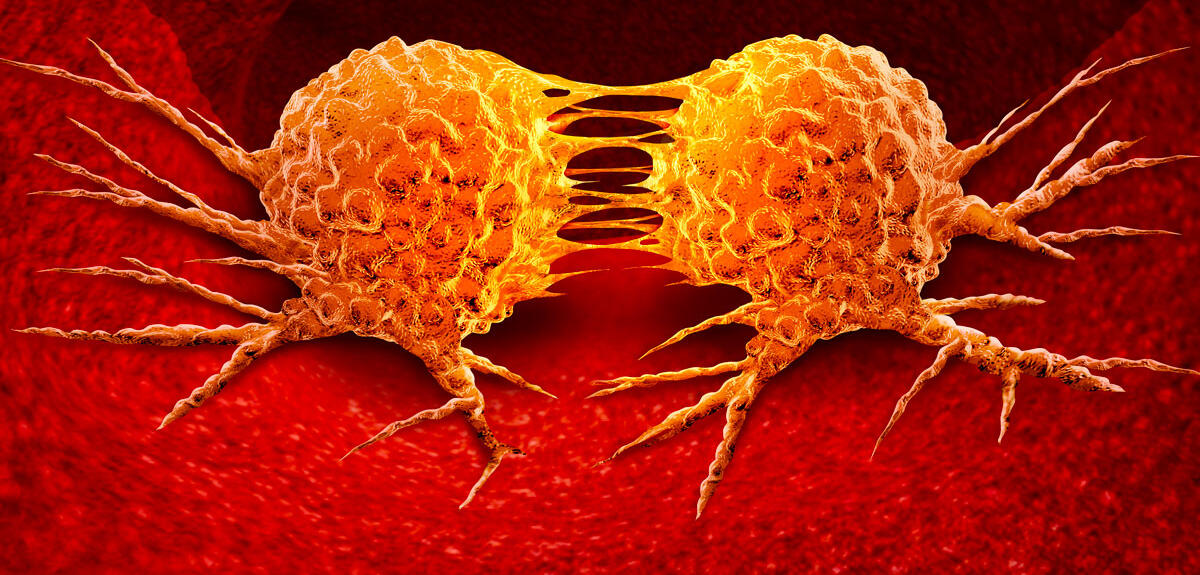 Illustration de cellule cancéreuse se divisant en deux.